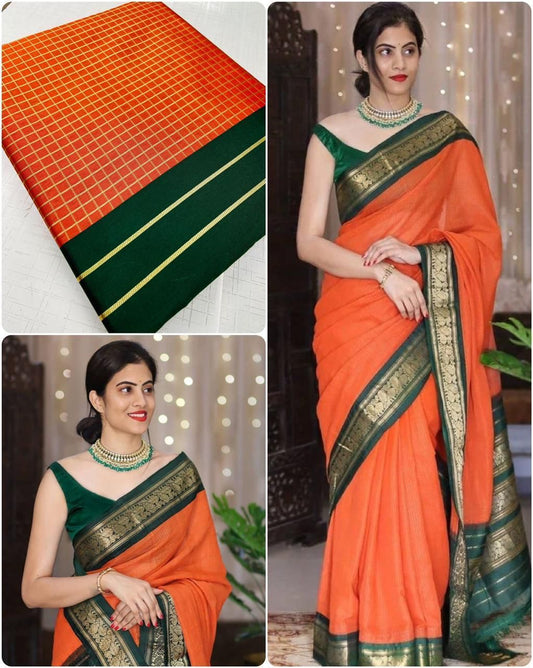 Women's Banarasi Silk Saree with Unstitched Blouse Piece (Orange & Green)