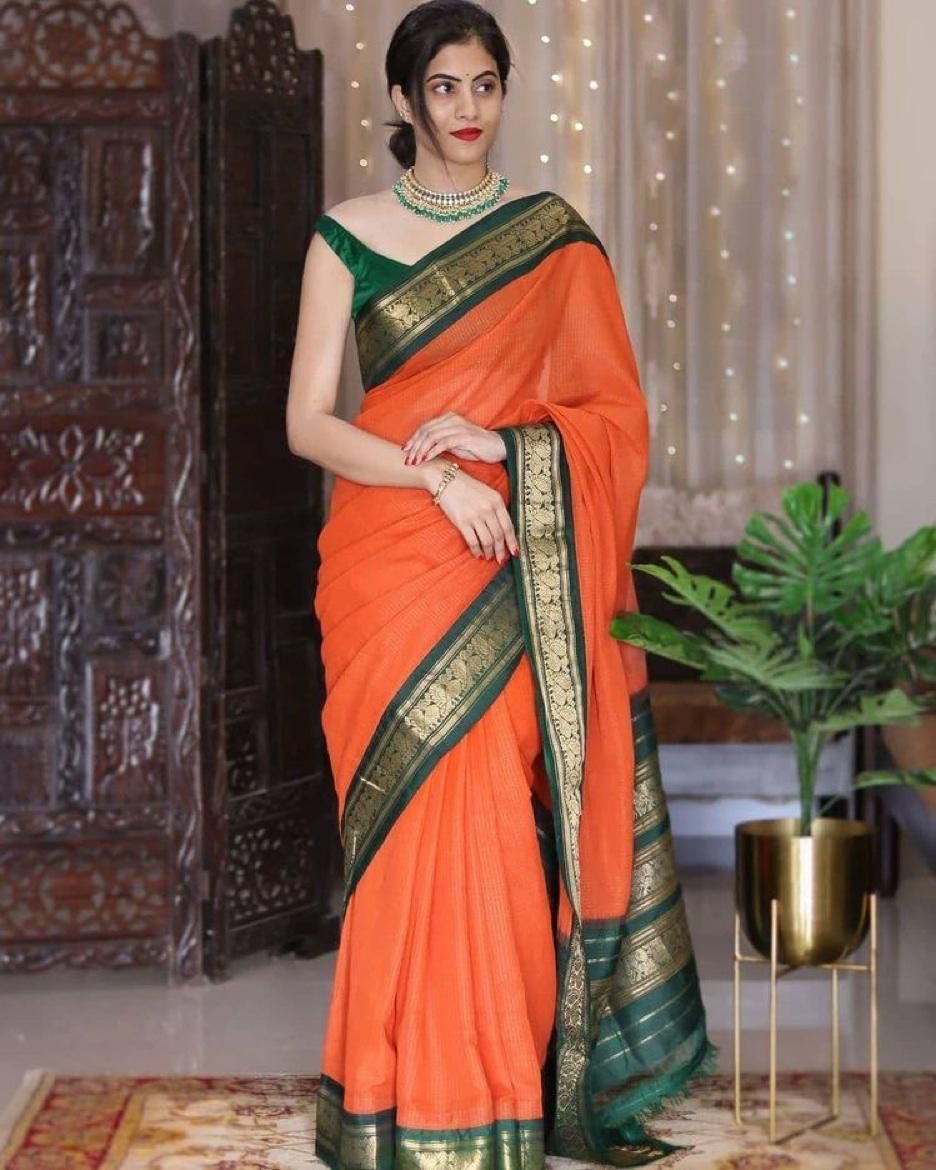 Women's Banarasi Silk Saree with Unstitched Blouse Piece (Orange & Green)
