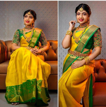 YELLOW GREEN VEL TRADITIONAL KANCHI SOFT SILK SARI WITH ATTACHED BLOUSE