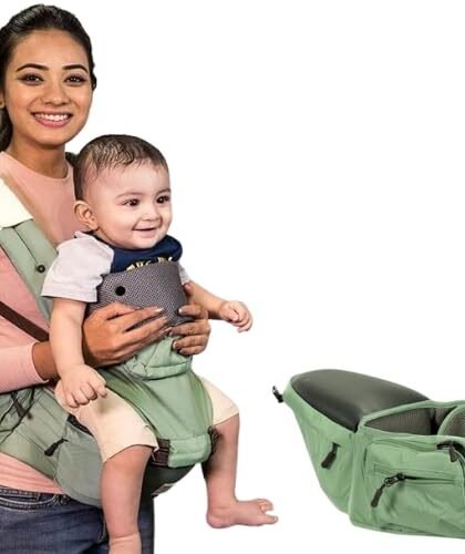 POLKA TOTS 6 in 1 Hip Seat Baby Carrier With Airbag Seat in Green Color, Adjustable Waist & Comfortable Lumbar Support With Trendy Carry Bag Mostly Suitable for C Section Mother (3 to 36 Month) Infant
