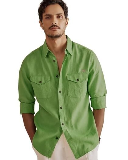 Andamen Green Men's Linen Chested Pocket Slim Fit Shirt (Green)