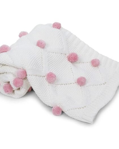 haus & kinder Cotton Knitted Blanket For New Born Baby Baby All Season Ac Blankets Quilt Wrapper For New Born Boy & Girl Size 80 Cm X 100 Cm, 0 To 2 Years Bubblegum Pink Pom Pom| TC - 150