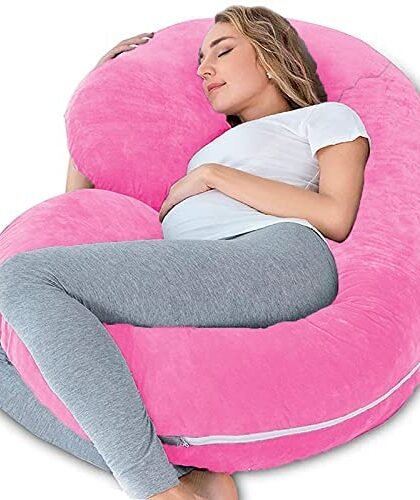 Mom's Moon Pregnancy Pillow, Maternity Body Pillow for Sleeping with Body Pillow Cover, 55-inch C Shaped Pregnancy Pillow for Pregnant Women, Pink Velvet