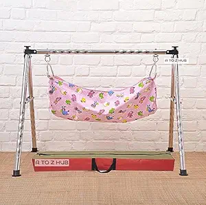 A to Z Hub Stainless Steel Portable And Foldable Baby Cradle/Ghodiyu/Baby Swing/Parna/Jhula/Totthil With Cotton Hammock Cloth., 45 Cm, 45 Cm, 2.5 Cm