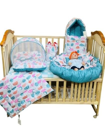 Infantbond Baby Mattress with net | Baby Carry Bag | 4 Pcs Bedding Set | Baby Nest (0-6 Months) (Pista Green Sprial) (Full Set Nest)