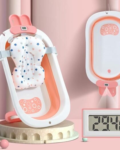 StarAndDaisy Bath Tub for Baby 0-3 Years / New Born Baby Foldable Bathtub with Bathing Bather Cushion Chair, Real Time Digital Temperature Sensing Fast Drainage, Space Saving, Bath Tub for Kids Girls & Boys.