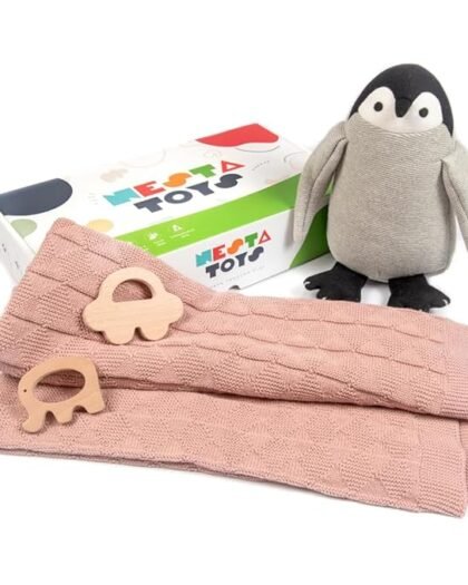 NESTA TOYS | Newborn Gift Set | Infant Knitted Cotton Blanket, Penguin Plush Toy, Elephant and Car Teether | Baby Showers, Birthdays