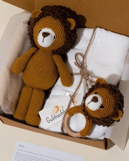 Gubbachhi Simha Soft Toy and Rattle with Cream Swaddle Gift Set | Crochet Toy Crochet Rattle Muslin Swaddle Combo | Newborn Gift idea | Gifting for Infants/Babies | 100% Muslin swaddlecloth | Months +