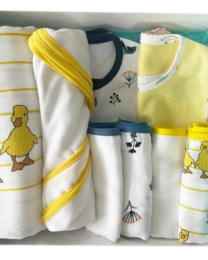 TinyLane - Curated for you! 100% Organic Gift for New Born Baby Boy & Girl, 0 to 6 Months, Pack of 8, Multi Color, Skin Friendly, Winter Special, Baby Shower Gifts (Duck + Plain, Pack of 8)