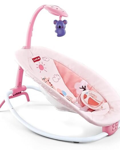 VBM Baby Rocker for Kids Cradle Infants Baby Swing Portable Baby Bouncer 5 Swing Speeds,Remote Control, with Sounds Projector and Vibration?360? Rorating Toy Indoor & Outdoor Use (Pink)