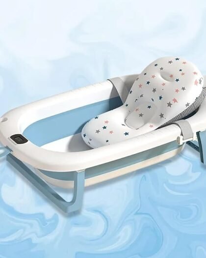 Safe-O-Kid Baby Bath Tub with Digital Meter, 1 Year Warranty, with Support Cushion Drain Plug, Portable/Foldable Travel Friendly Anti-Skid Collapsible Bathtub, Easy to Store for Newborns Bathing - Blue