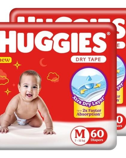 Huggies Dry Tape | Adjustable Tape Style Diapers, Medium (M) Size (7-12 Kgs), Combo Pack of 120 | Up To 2X Faster Absorption, Up To 12 Hours Overnight Absorption