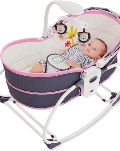 Delavala 5 in 1 Baby Bassinet Rocker Rocking Napper, Bounce, Chair with Removable Baby Bassinet & Melody (Pink-Grey)