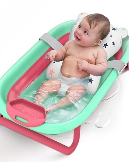 StarAndDaisy Baby Bath Tub for 0-3 Years/New Born Baby Foldable Bathtub with Bathing Bather Cushion Chair, Fast Drainage, Space Saving, Bath Tub for Kids Girls & Boys.