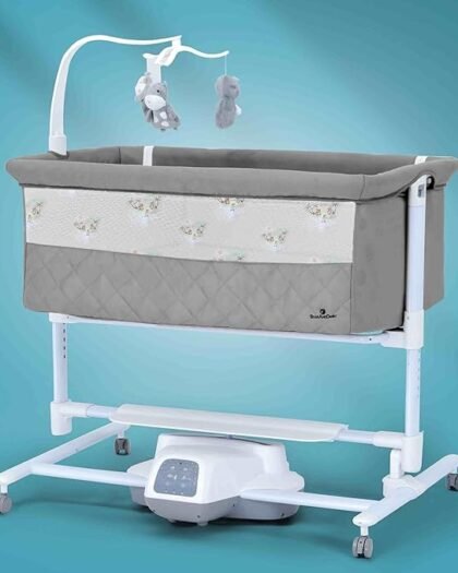 StarAndDaisy Automatic Dream Cradle/Crib for Baby 0-3 Years Boys & Girls with Locking Wheels, Hanging Toys, Multi Height Adjustment & Mosquito Net -Grey, Aluminum