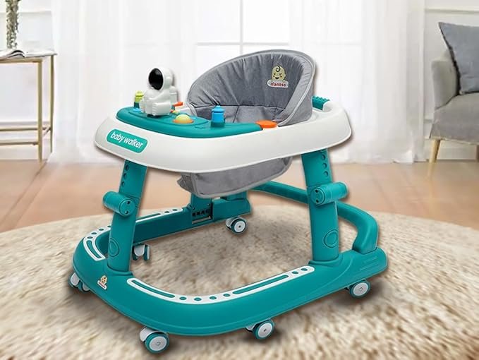 Infantso Space Race 360? Multifunctional Premium Baby Walker 6-24 Months | Foldable Baby Walker with 4 Level Height Adjustment for baby Kids Boys Girls | 2 in 1 Switchable Food & Musical Toy Tray | Baby Activity Walker - 05Green