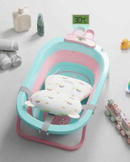 Lifelong Baby Bath Tub for 0-3 Years, Newborn Baby Essentials, Kids Swimming Pool Large Tub, Cushion & Digital Thermometer, Portable & Foldable Bathtub for Boy & Girl - 6 Months Warranty(Pink-Green)