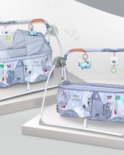 Infantso Baby Cradle Automatic Swing with 3 Point Safety Harness, Remote Control, Hanging Toys, Mosquito Net, Soothing Lullabies Music, Extra Cushion for 0-2 Years Baby Boys and Girls (Grey, Animal)