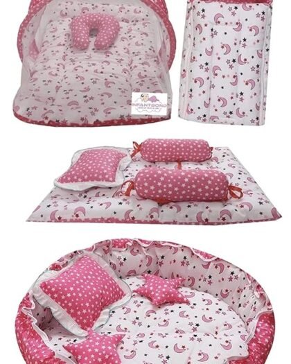 Infantbond Designer Mattress with Net | Baby Sleeping Bag | 4 Pcs Bedding | 1 Nest (0-6 Months) (Moon Pink)