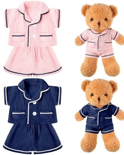 2 Sets Bear Clothes Stuffed Animal Clothes Bear Accessories Pink and Blue Bear Pajamas Clothes Double Layer Muslin Short Sleeve Top and Bottom Pajamas Fits Most 14-18 Inch Bears