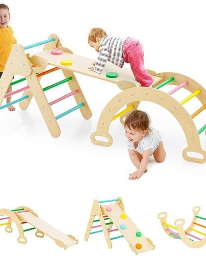 Hukimoyo 5 in 1 pikler Triangle Set Baby Climber Ladder for Babies Rocker Slide Climbing Toddler Slanding SlideToys Indoor Pikler Triangle for Kid Baby Indoor Wooden Climbing Ladder for Kids (Beige)