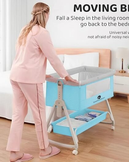 StarAndDaisy 3-in-1 Crib/Cradle for Baby, Bedside Bassinet for Infants & Toddler with Locking Wheels & Adjustable Height (Blue)