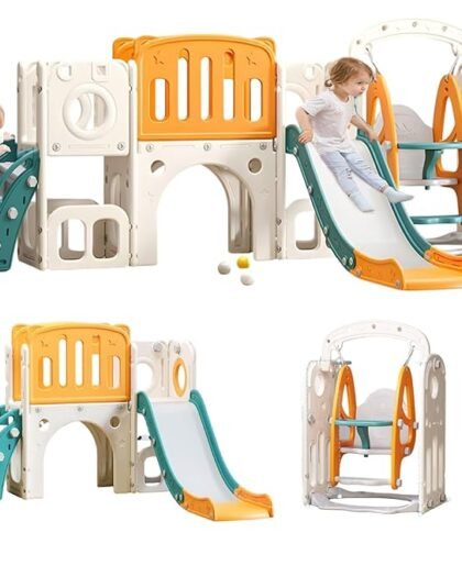 Metreno 9in1 Slider for Kids 2 to 7 Years Big Size Indoor Baby Swing with Basketball Combo for Home Toddler Slide and Swing for Babies Set with Ball Castle Swing and Sliding for Kid Children Slides