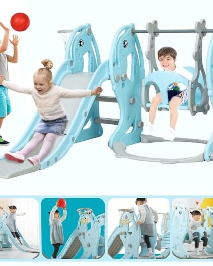Metreno Slide for Kids 2 to 5 Years Big Indoor Slider with Basketball for Kids Garden Slide for Kid Toddlers Slides Outdoor with Ball at Home Castle Slide for Kids (Light Blue, 3 in 1)