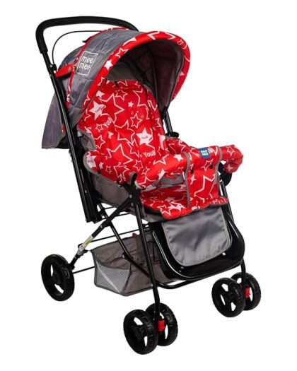 Mee Mee Easy to Push Baby Stroller Pram with Quick One Hand Folding | Comfortable Seating | Fully Rotating Wheels | Feeding Tray for New Born Baby/Kids, 0-4 Years, Red and Grey