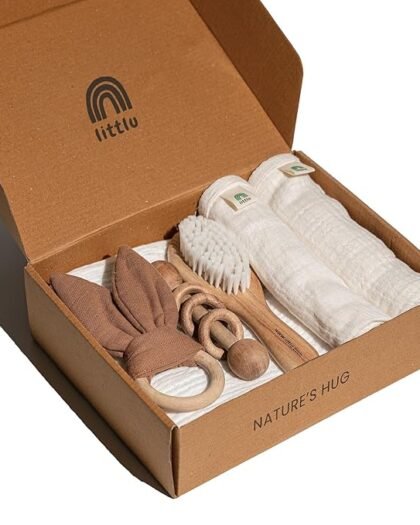 littlu New Born Baby Gifts | Baby Shower Gifts | Newborn Baby Essentials | Eco Friendly | Premium Baby Products | Pack Of 6 (Brown, White)