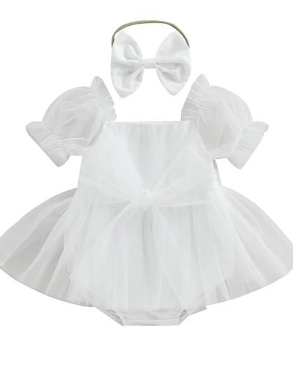 VISGOGO Baby Girl Tulle Dress Romper Sleeveless Onesie Knot Front Pleated Bodysuit Newborn Mesh Princess Outfits