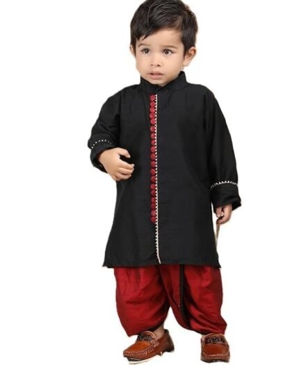 POLKA TOTS Cotton Full Sleeve Solid Kurta With Dhoti For Baby Kid - Black - 18-24 M