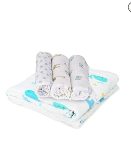 MOM'S HOME Organic Cotton Baby Gift Pack Pack of 3 Muslin (Mix Designs) and 1 Muslin 6 Layer Blanket Multicolor