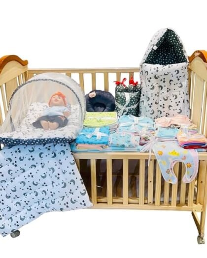 Infantbond Cotton 60 In 1 New Born Baby Complete Daily Items Combo | Baby Gift Set (0-6 Months) (Grey Moon)