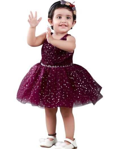 PRIMROSES Sleeveless Applique Fit & Flare Party Dress -Burgundy | Regular | Round Neck | Full Sleeves
