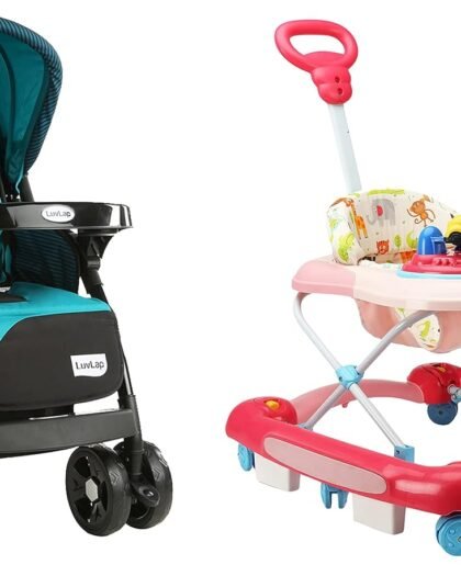 LuvLap Galaxy Stroller/Pram (Green/Black) & Comfy Baby Walker & Rocker with Parental Push Handle Cushioned Walker for Baby 6-18months (Pink)