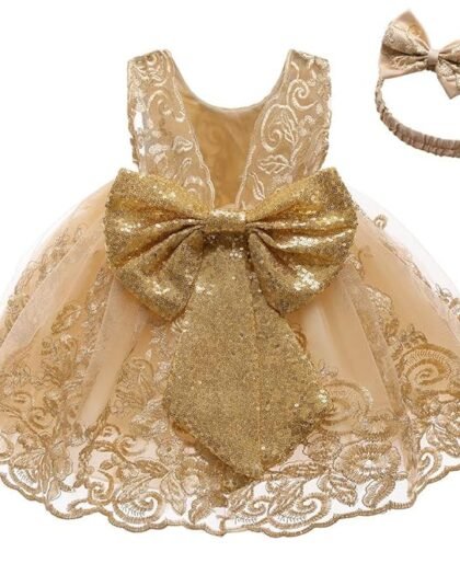 0-6T Big Bowknot Sequins Toddler Baby Girls Embroidered Lace Dresses with Headwear