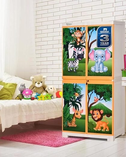 Nilkamal Freedom Mini Medium (FMM) Compact Jungle Theme Plastic Kids Mini Storage Cabinet|3-Year Warranty|2 Doors Cupboard|Multipurpose Storage Suitable for Kids Room And Home|Pastel and Orange Colour