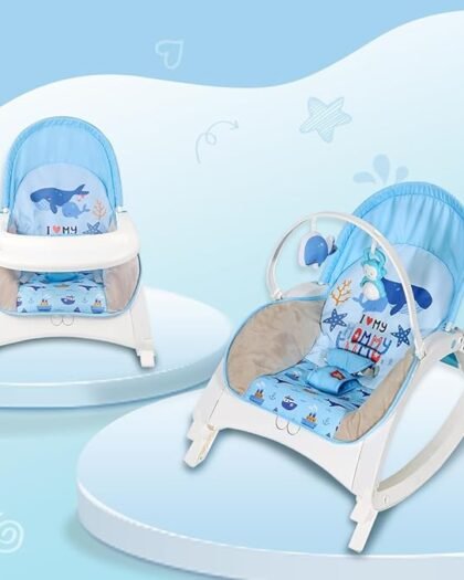 INFANTSO Baby Rocker & Bouncer for 0 to 2 Years (Blue), Chair for Newborn with Neck Pillow, Calming Vibrations, Music & Toys, 3 Position Adjustable Backrest Swing with Feeding Tray