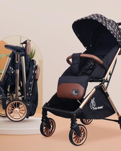 R for Rabbit Street Smart Auto Fold Stylish Newborn Baby Stroller| Aluminum Frame Pram with One Click Fold |Travel Friendly Cabin Trolley Stroller for 0-3 Years for Boy & Girl | (Gold Black)