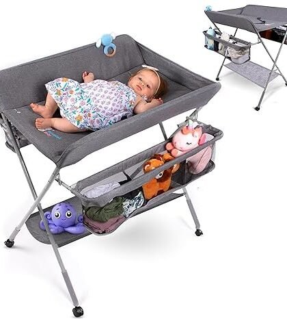 Deoxys Baby Changing Table with Wheels, Portable Adjustable Height Folding Diaper Station with Nursery Organizer & Storage Rack for Newborn Baby and Infant