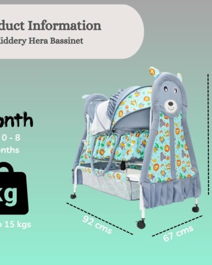 Kiddery Hera Baby Bassinet | Sleep Safely & Comfortably | Mosquito Net Protection | Lightweight & Compact Design | Detachable Basket | All-Wheel Lock | Boys | 0-8 Months | Green-Grey