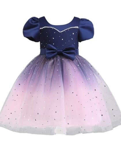 Hopscotch Girl's Polyester Applique Bow Party Knee-Length Dress In Blue Color