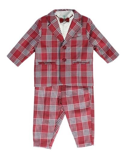 miniklub Baby Collar Full Length Woven Cotton Suit Set, 4 Piece (Red/Marshmallow Color)