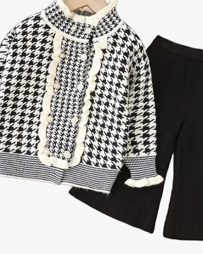 Sttylishbaby Full Sleeves Plaid Knitted Flutter Mock Neck Top With Knitted Pant