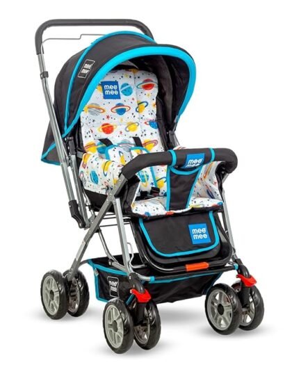 Mee Mee Little Explorer Advance Baby Stroller/Pram for 0 to 3 Years, New Born/Kids, 5 Point Safety Harness, Adjustable backrest, 360 Wheel, Large Storage Basket, Reversible Handlebar Net (DX Blue)