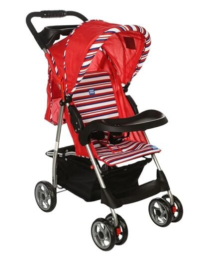 Mee Mee Baby Stroller/Pram for 0 to 3 Years, Quick One Hand Folding, Feeding Tray, Newborn/Kids, 5-Point Safety Harness, Swivel 360 Wheel with Breaks, Large Storage Basket, Reversible Handlebar (Red)