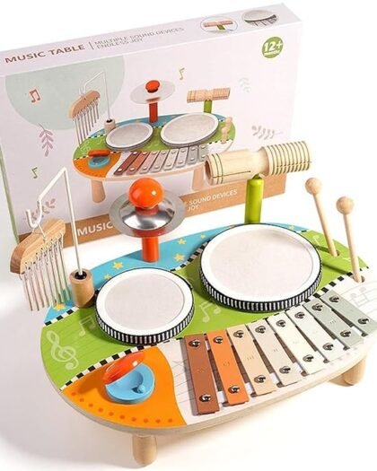 ATORSE Kids Drum Set Montessori Wooden Percussion Toy for Boys Girls Party Favor Kids