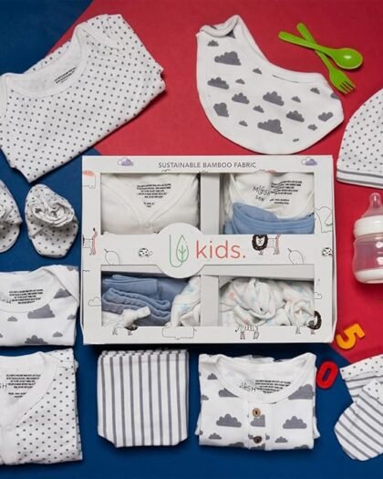 Mush Ultra Soft Bamboo Unisex Fabric Unisex Gift Set For New Born Baby/Kids Pack Of 9, (3-6 Month, Daylight),White