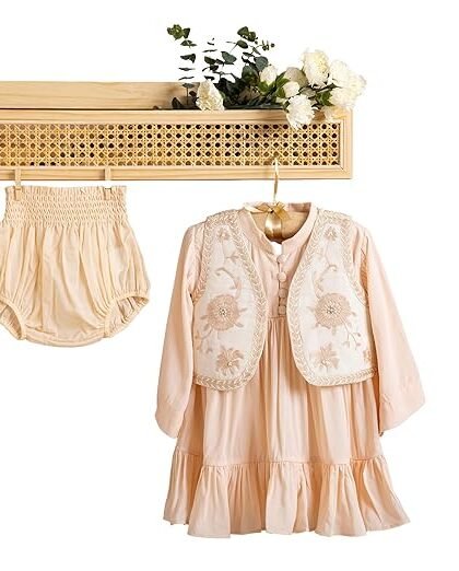 BABY FOREST Poshaak Solid dress and embroidered jacket set